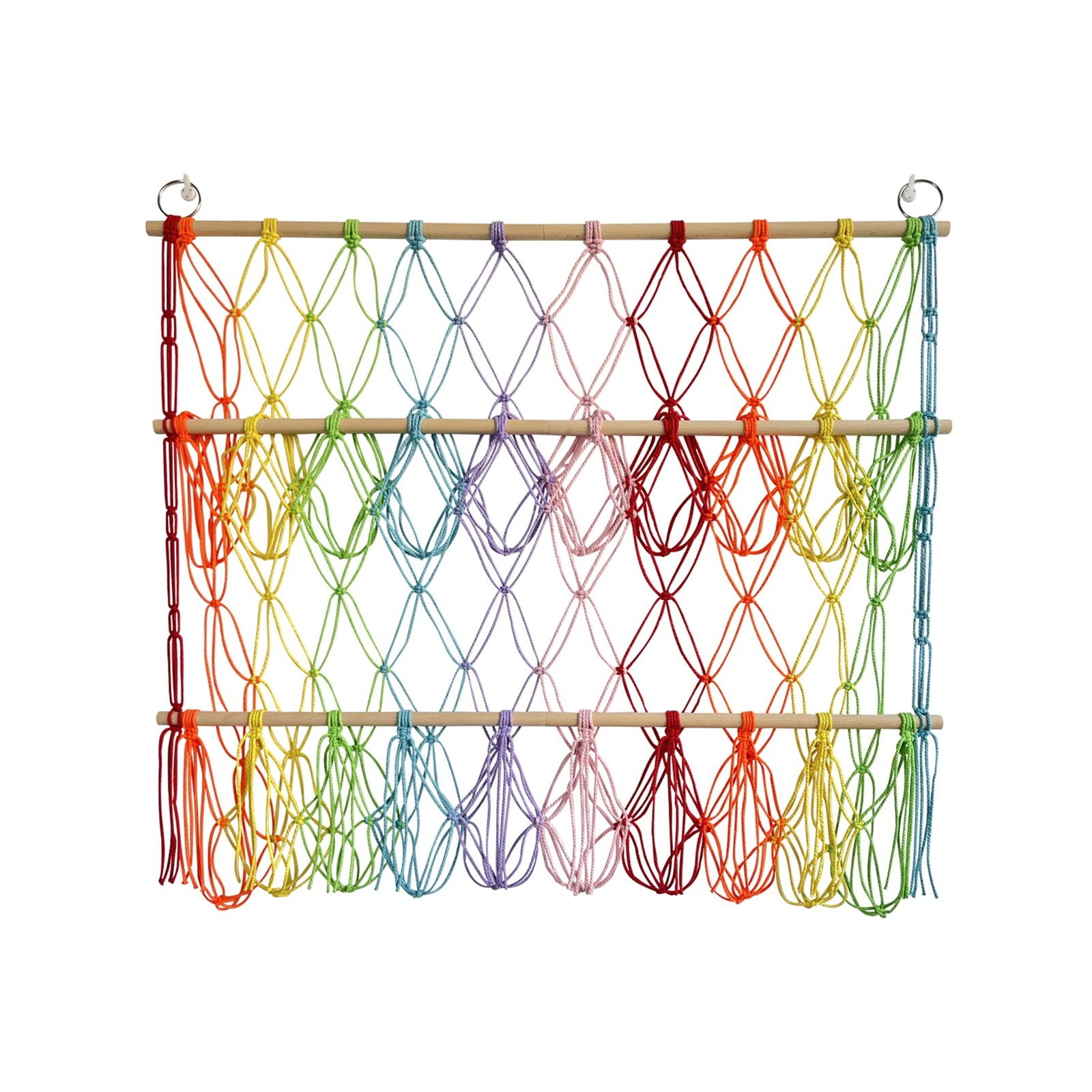 2 Tier Stuffed Animal Storage Shelf Net, 31x30'' Large Plushie Net for Mini Medium Stuffy Teddy, Rainbow Boho Macrame Toy Holder Display w/ Lights&Clips for Nursery Kid Girl Boy