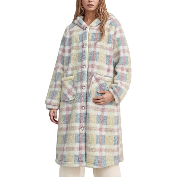 IWRICH Women's Plaid Brushed Flannel Hooded Jacket Long Wool Blend Hoodies Winter Warm Coats Pink XL