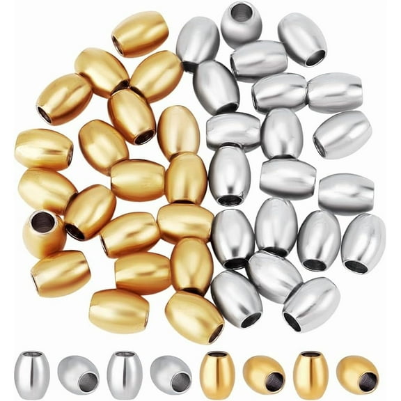 40Pcs Stainless Steel Spacer Beads Golden/Silver Large Hole Beads European Bead 10x8mm Oval Loose Charm Metal Bead for DIY Bracelet Necklace Jewelry Making with 4mm Hole
