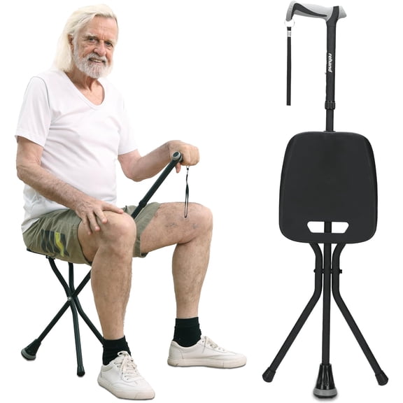 Walking Cane with Seat,Lightweight Foldable, Adjustable, Collapsible Canes with Stool for Men & Women, Heavy Duty All Terrain Tip, Portable Walking Stick Chair for Seniors & Adults