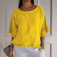 thumbnail image 2 of Women Summer Cotton Linen T Shirts Solid Cotton and Linen Ruffle Pleated Hem Tops Half Sleeve Round Neck Casual Shirt Comfortable Shirts, 2 of 5