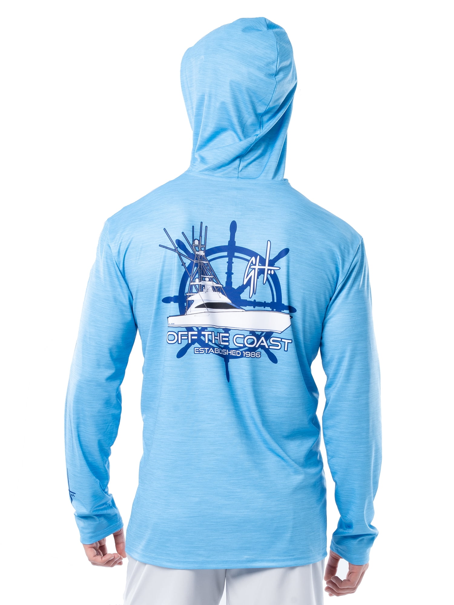GH BY GUY HARVEY Men's Long Sleeve Performance Fishing Graphic Hoodie, Bonnie Blue, M