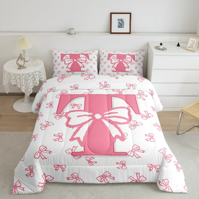 jejeloiu Initial Letter T Bedding Comforter Set,Kawaii Bowknot