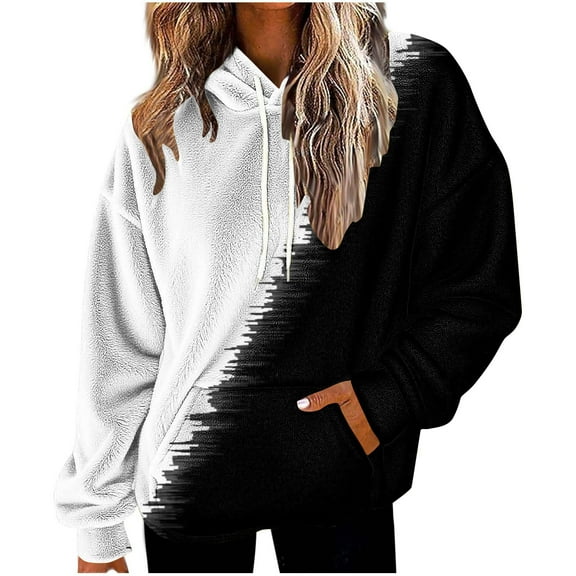 Erwazi Womens Fuzzy Hoodies Patchwork Oversized Pullover Hoodie Cozy Hooded Sweatshirt Fleece Jacket Fall Winter Clothes