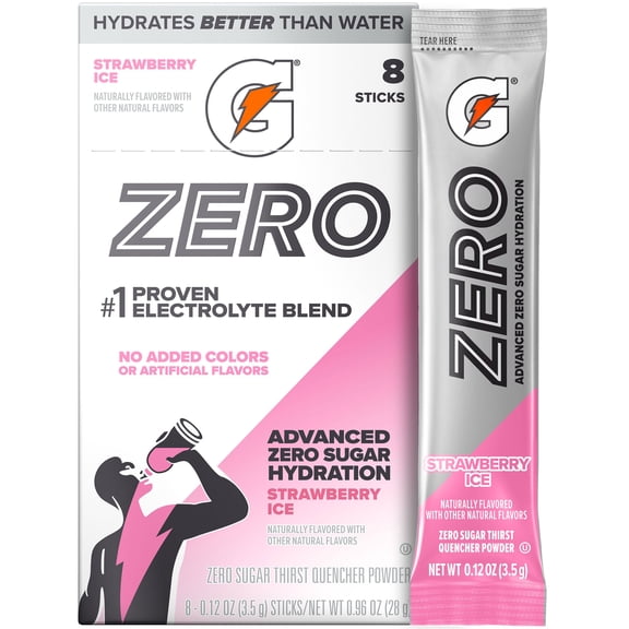 Gatorade Zero Sugar Strawberry Ice, On the Go Packs, Electrolyte Powder Drink Mix, 0.12 oz, 8 Sticks