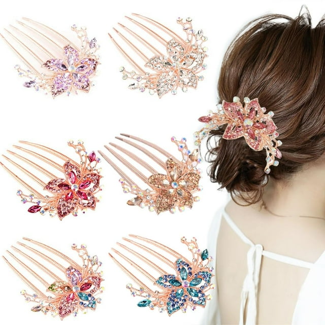 KuuGuu 6 peines florales de flores para el pelo de novia, boda, diamantes de imitación de cristal, peines laterales para el pelo para mujer, accesorios para el cabello para mujer