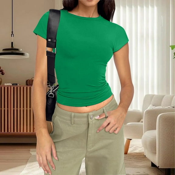 Womens Tees Women Y2K Solid Round Neck Short Sleeve Crop T Shirt Light Green L