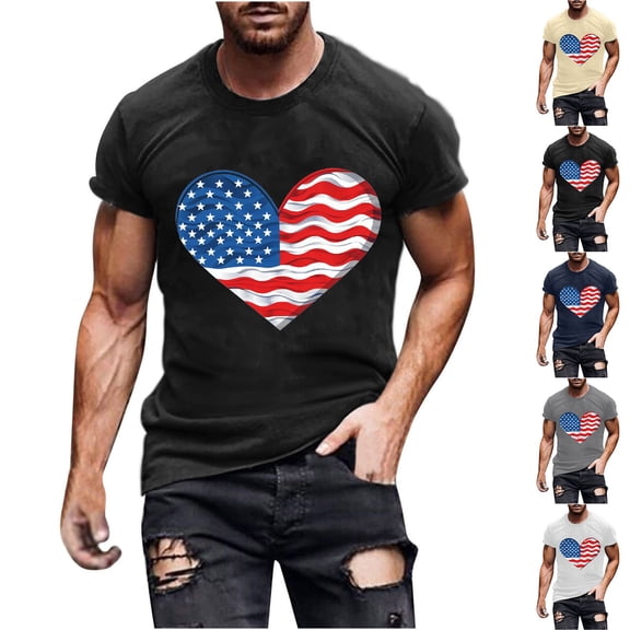 lcziwo 4th of July Shirts for Men Heart USA Flag Patriotic Tshirt Independence Day Graphic Tees Cotton Short Sleeve Crewneck Tops Black XXL, Man Gifts for Dad