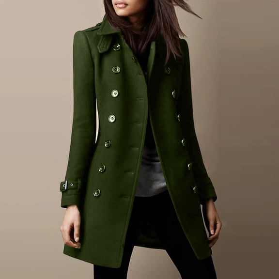 Women's Solid Color Casual Long-sleeved Double-breasted Coat for Autumn and Winter Army Green L