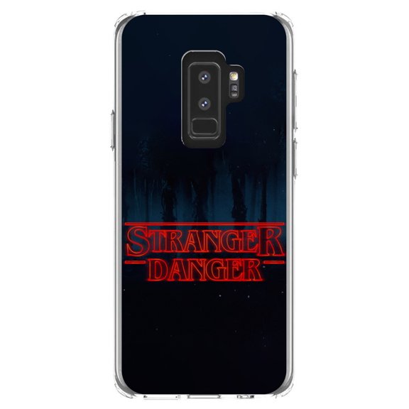 DistinctInk Clear Shockproof Hybrid Case for Samsung Galaxy S9  PLUS (6.2" Screen) - TPU Bumper, Acrylic Back, Tempered Glass Screen Protector - Red Forest "Stranger Danger"