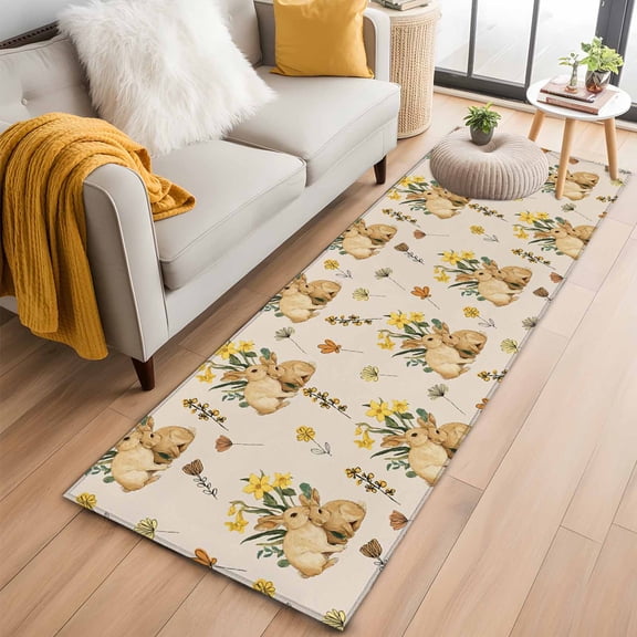 Easter Rabbits 2'x6' Runner Rugs for Hallway Kitchen Bedside Non Slip, Spring Yellow Flowers Country Plants Vintage Entryway Rug Runners with Rubber Backing, Long Carpet Runner for Laundry Room