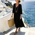 thumbnail image 6 of KHONTS Women's 3/4 Sleeve Summer Maxi Dress Plus Size Casual Linen Flowy Beach V-Neck Dress with Pockets Black S, 6 of 8