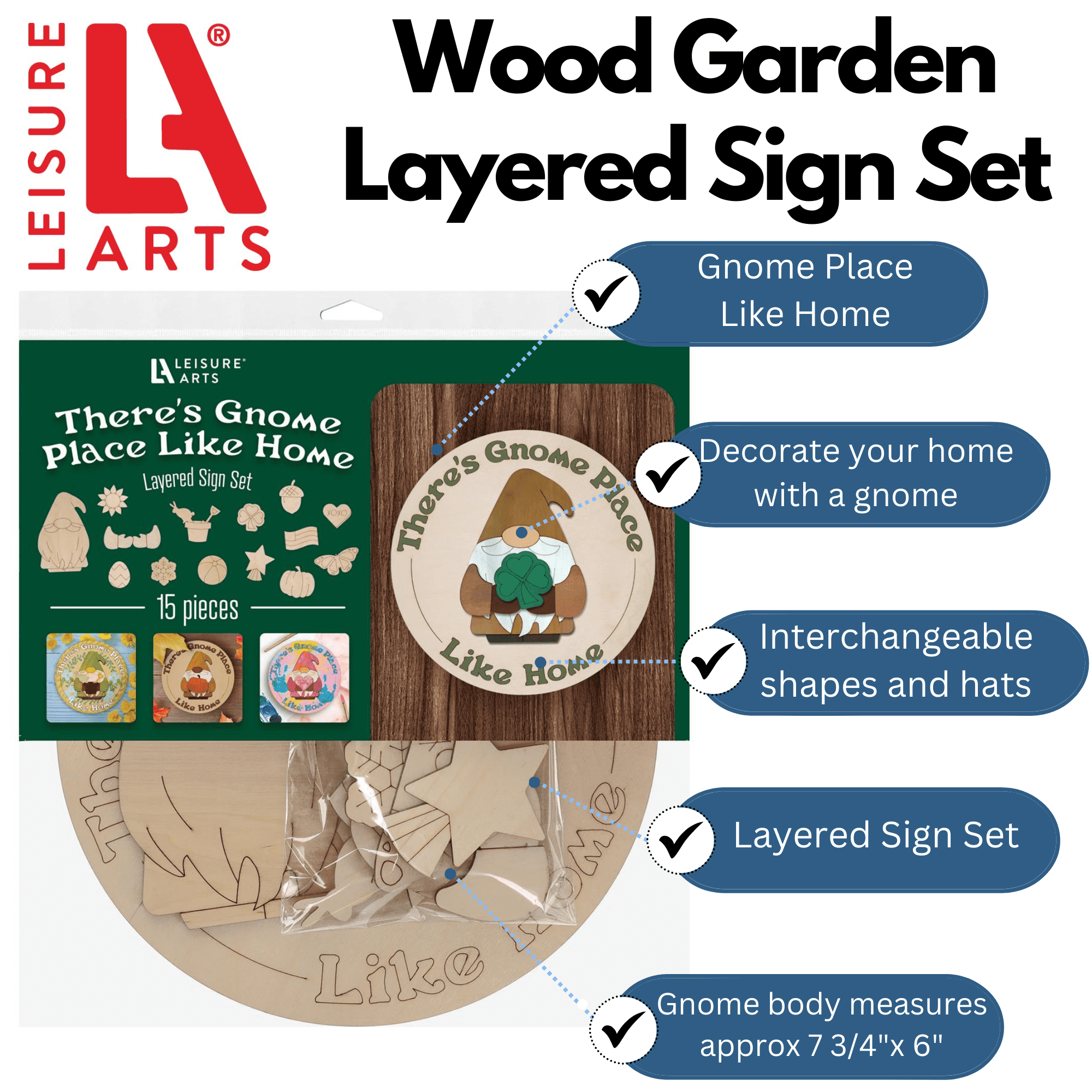 Leisure Arts Wood - Garden Layered Sign Set, Gnome Place Like Home, Gnome Craft Kit, Wood Christmas Cutouts, Ornaments To Paint, Crafts, Gnomes To Paint, Unfinished