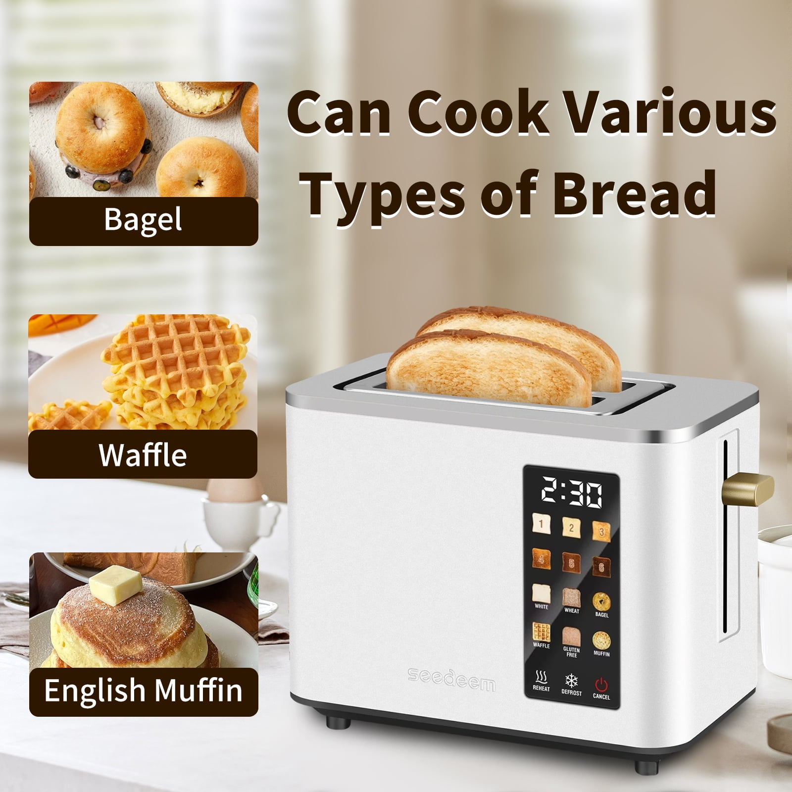 2 Slice-Toaster,Touch Control LCD Screen,6 Shade Setting & Bread Selection,Removable Crumb Tray,Stainless Steel,900W,White