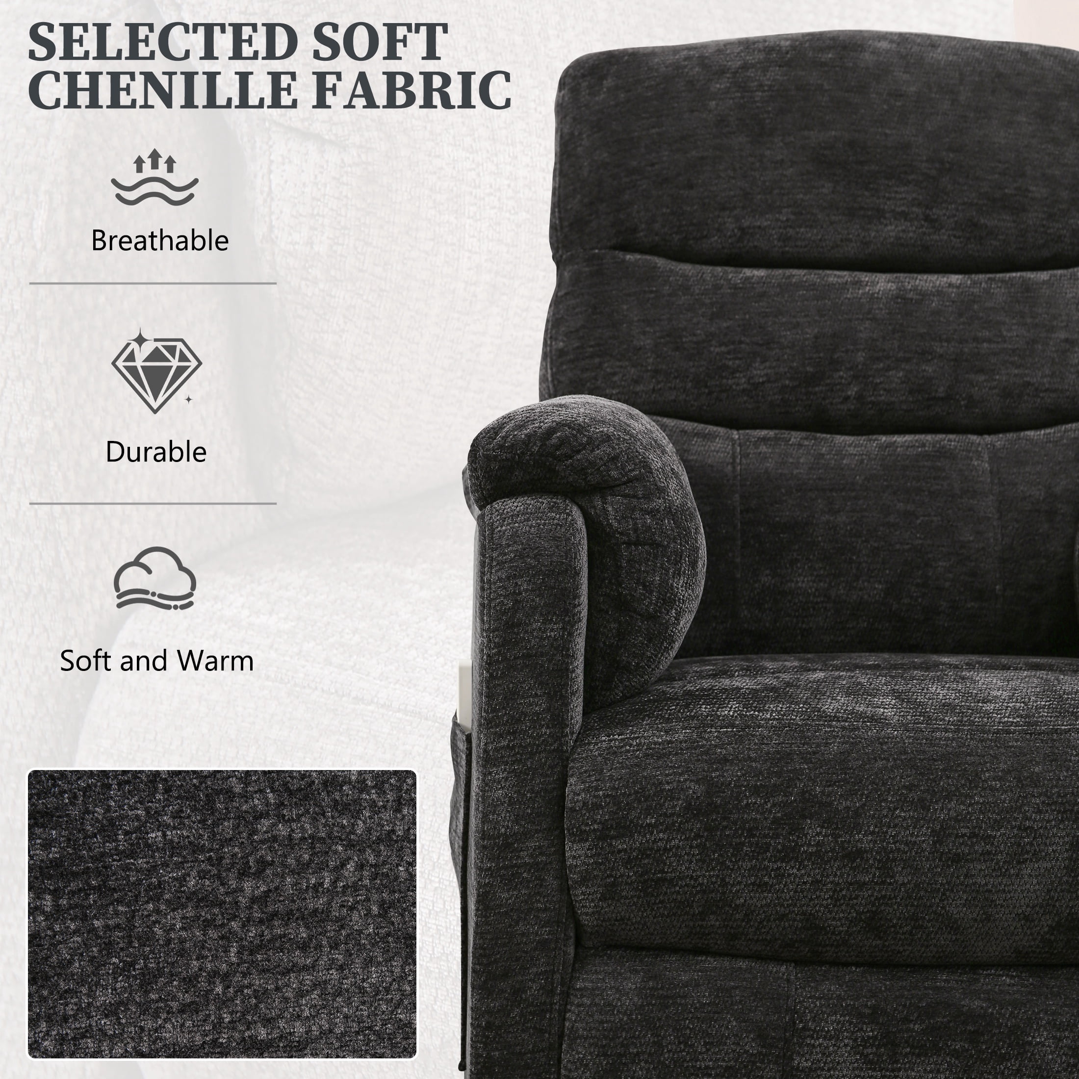 Power Recliner Chair, Holaki Electric Power Recliner with Side Pocket and Remote, Modern Chenille Fabric Recliner Chairs for Adults, Small Recliner for Small Space Nursery Living Room, Black
