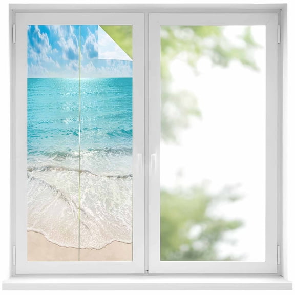 Summer Beach Window Privacy Film, Blue Coastal Ocean Seaside Nautical Static Cling UV Sun Blocking Heat Control Window Tint Day and Night, Non-Adhesive One Way Windows Privacy Cover 19.6''x39.3''