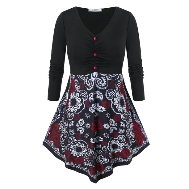 Más el tamaño de la impresión floral con falda con pliegues camiseta Rosegal Mangas largas de talla grande