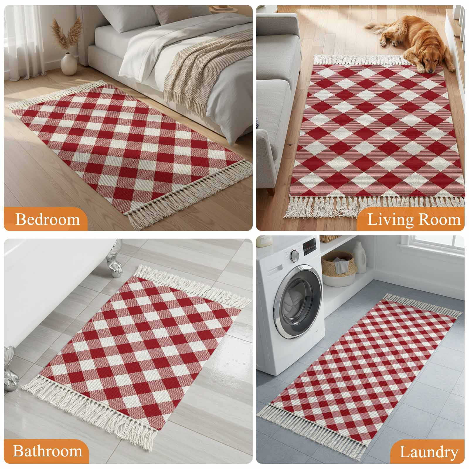 Kitchen Runner Rugs, Red and White Plaid 2'x3' Throw Rug with Tassels, Buffalo Check Tartan Washable Soft Floor Carpet Runner for Hallway Bedroom Bathroom Laundry Room