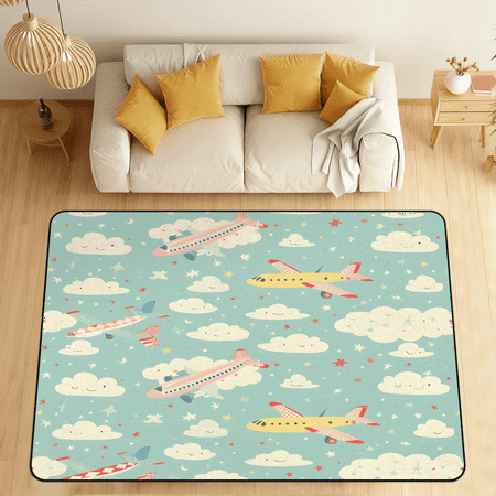 CURLYOOT Cute Area Rugs 5 x7 Washable Rug Large Living Room Rug Non Slip Airplane Indoor Floor Carpet for Dining Room Bedroom Home