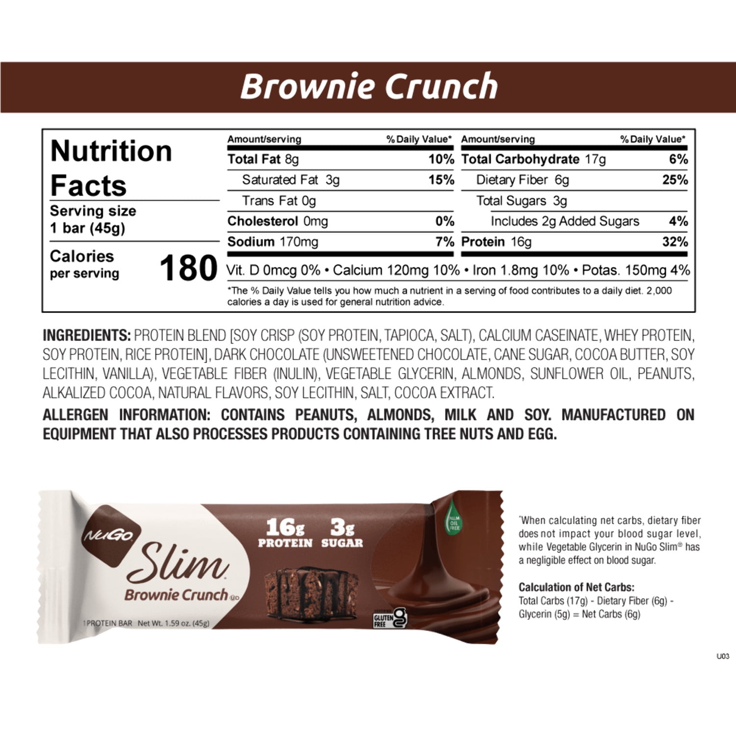 NuGo Slim Variety - Crunchy Peanut Butter 12 bars & Brownie Crunch 12 bars, 16g Protein, Keto Friendly, Gluten Free, 24 count