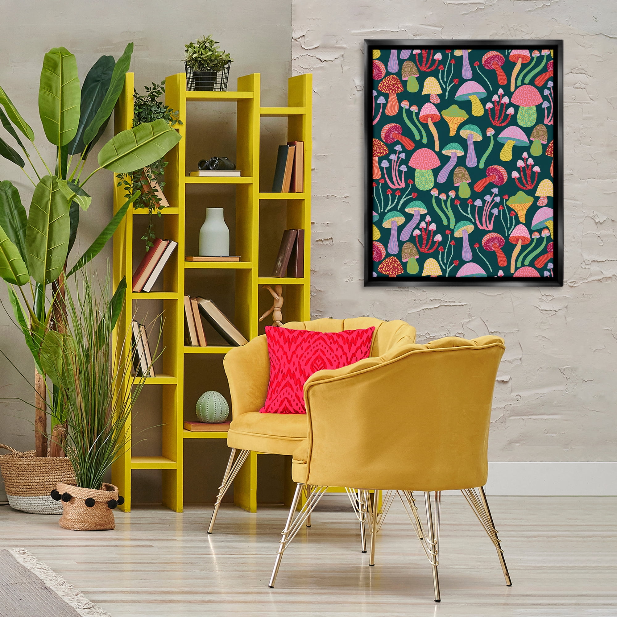 Stupell Industries Magical Times Mushrooms Plants & Flowers Painting Black Floater Framed Canvas Art Print Wall Art, 25 x 31