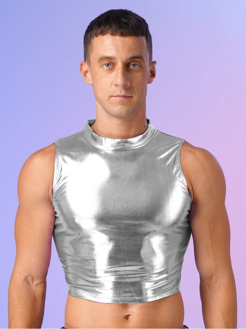 YiZYiF Mens Metallic Mock Neck Crop Top Faux Leather Vest Tops