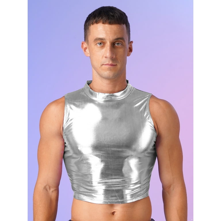 YiZYiF Mens Metallic Mock Neck Crop Top Faux Leather Vest YiZYiF Mens Metallic Mock Neck Crop Top Faux Leather Vest