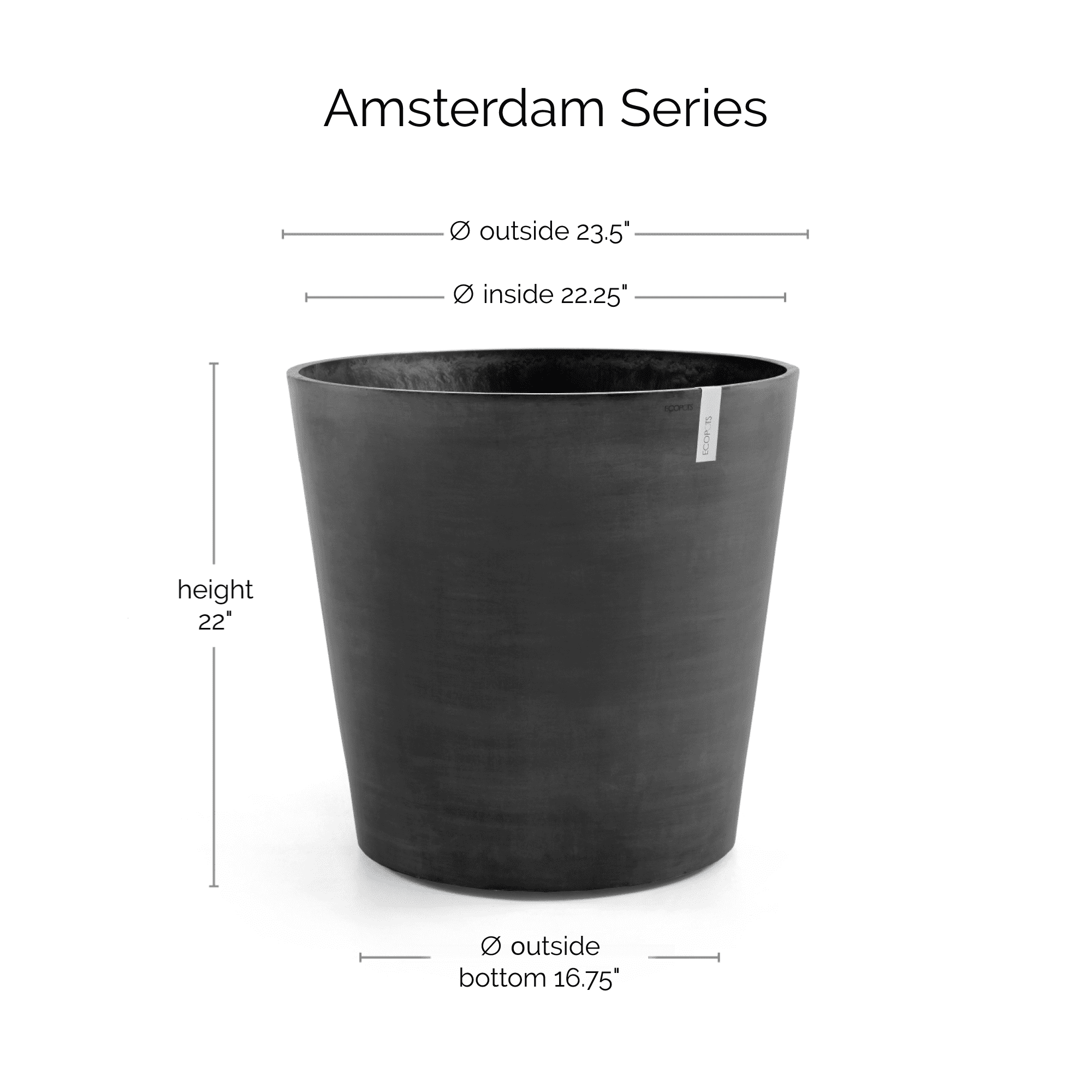 Ecopots Amsterdam Wheels Durable Modern Round Indoor/Outdoor Recycled Based Composite Flower Pot Planter, Dark Grey, 23.5"
