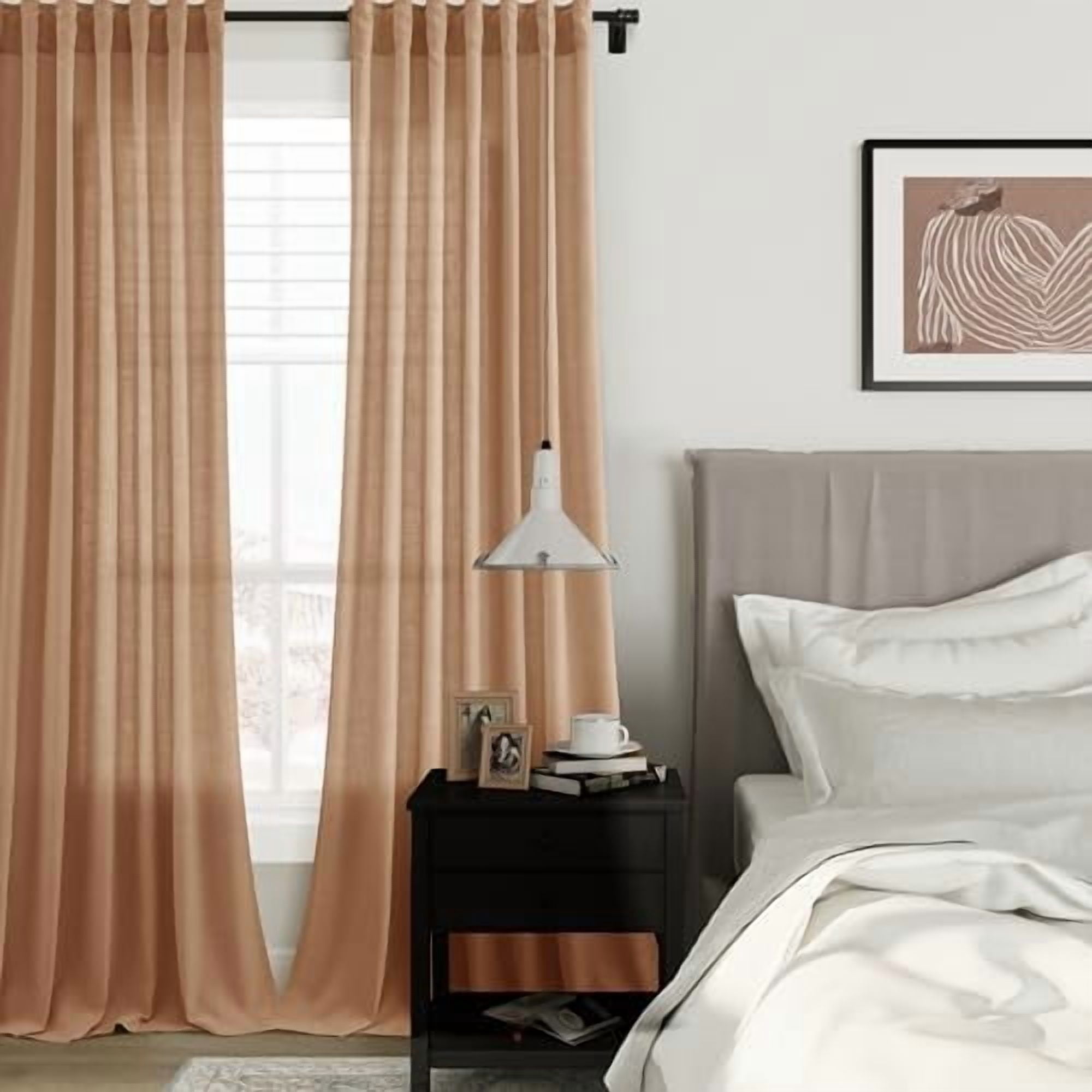 Camel Brown Linen Semi Sheer Curtains 90 Inches Length Light Filtering Neutral Farmhouse Boho Rod Pocket Back Tab Hook Belt Clip Rings Window Drapes for Bedroom Living Room 2 Panels 52x90