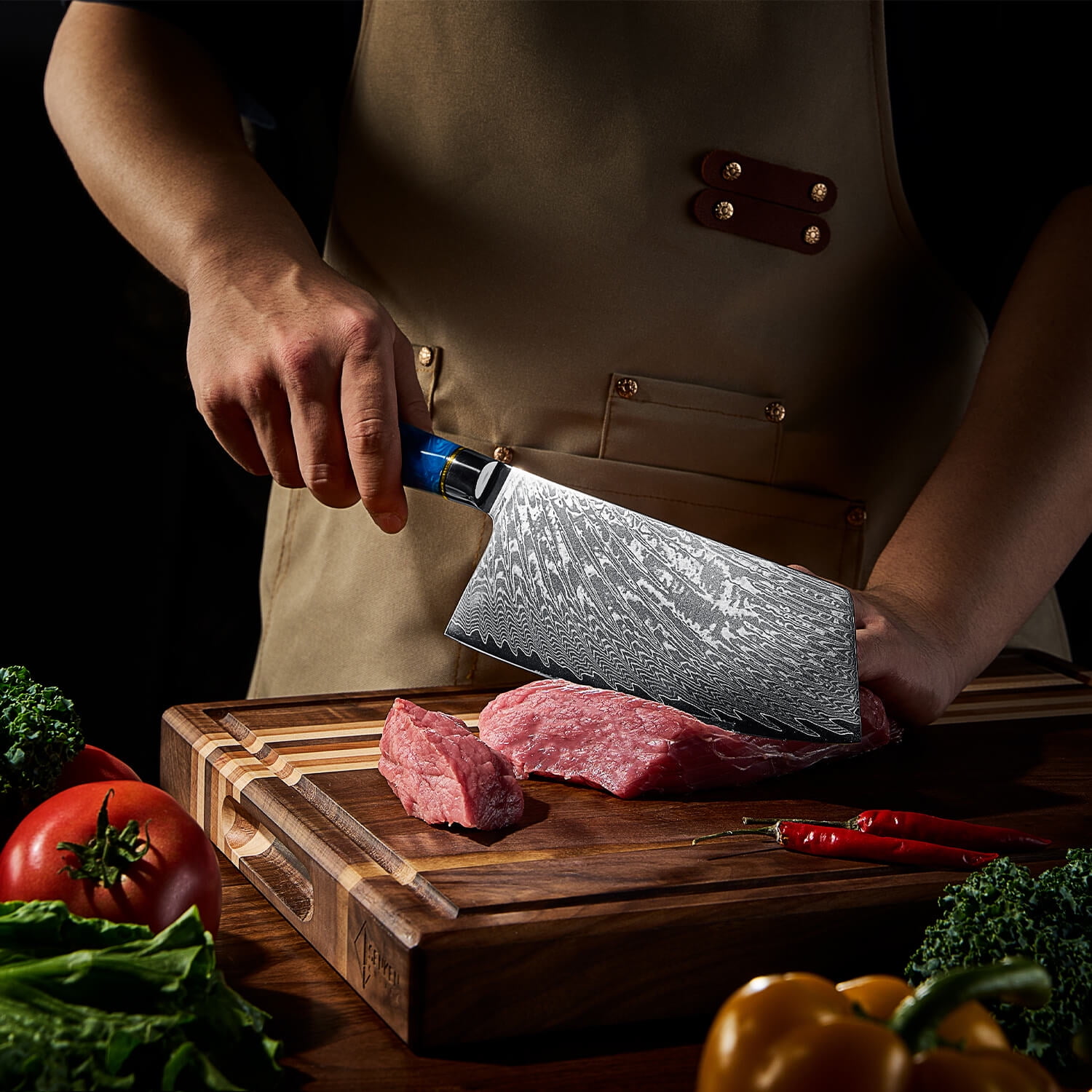 7-Piece Damascus Steel Kitchen Knife Set - Tsunami Collection - 67-Layer Japanese VG10 Steel - Chef's Knife, Cleaver Knife, Bread Knife, & More…