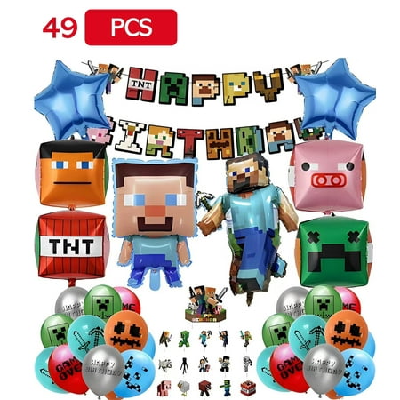 49 Pcs Minecraft Party Supplies – Includes Banner, Foil & Latex Balloons, Cupcake Toppers – Video Game Theme Party Supplies for Boys and Girls