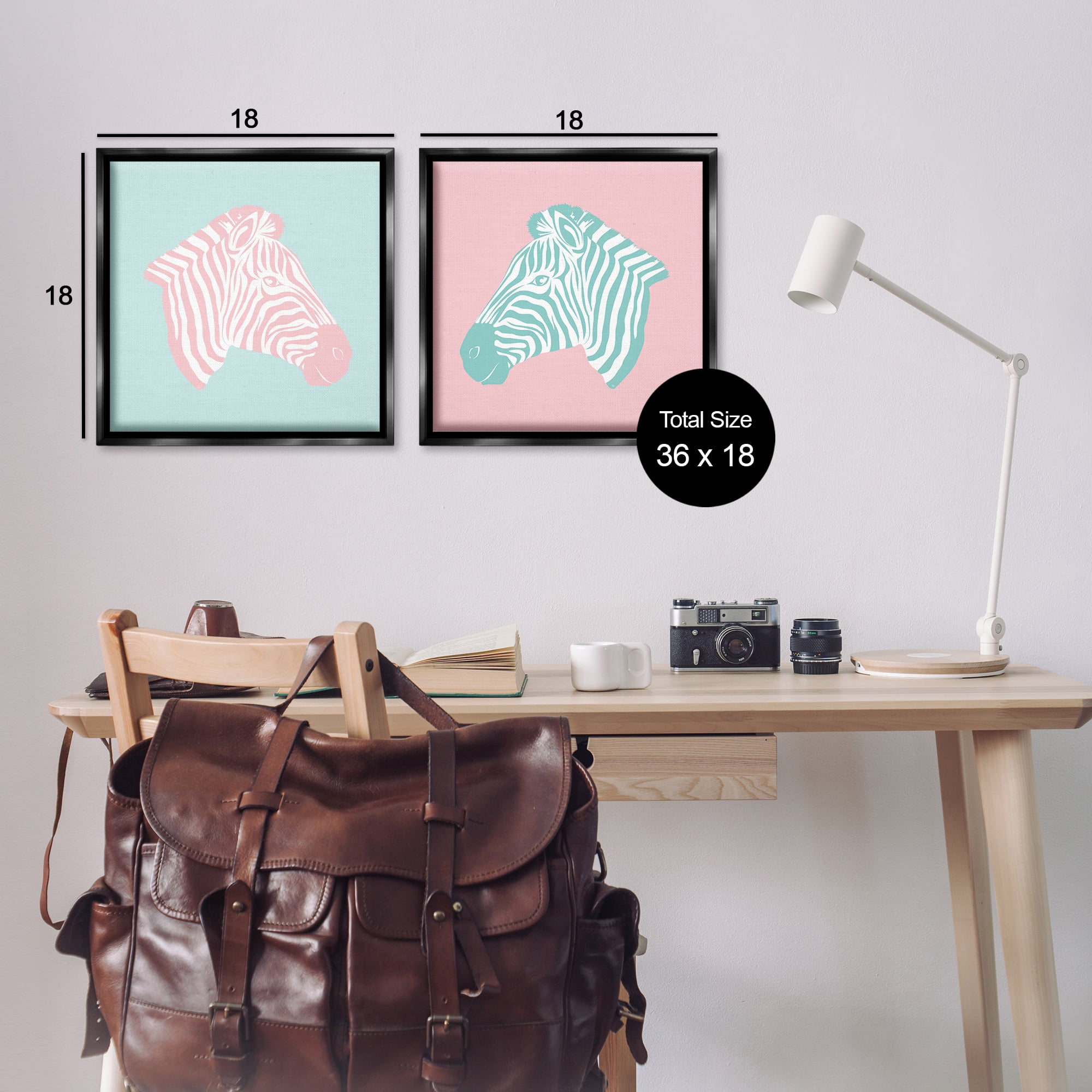 Stupell Industries Sweet Pink and Teal Zebras Animals Painting Black Floater Framed Canvas Art Print Wall Art, 18 x 18, Set of 2