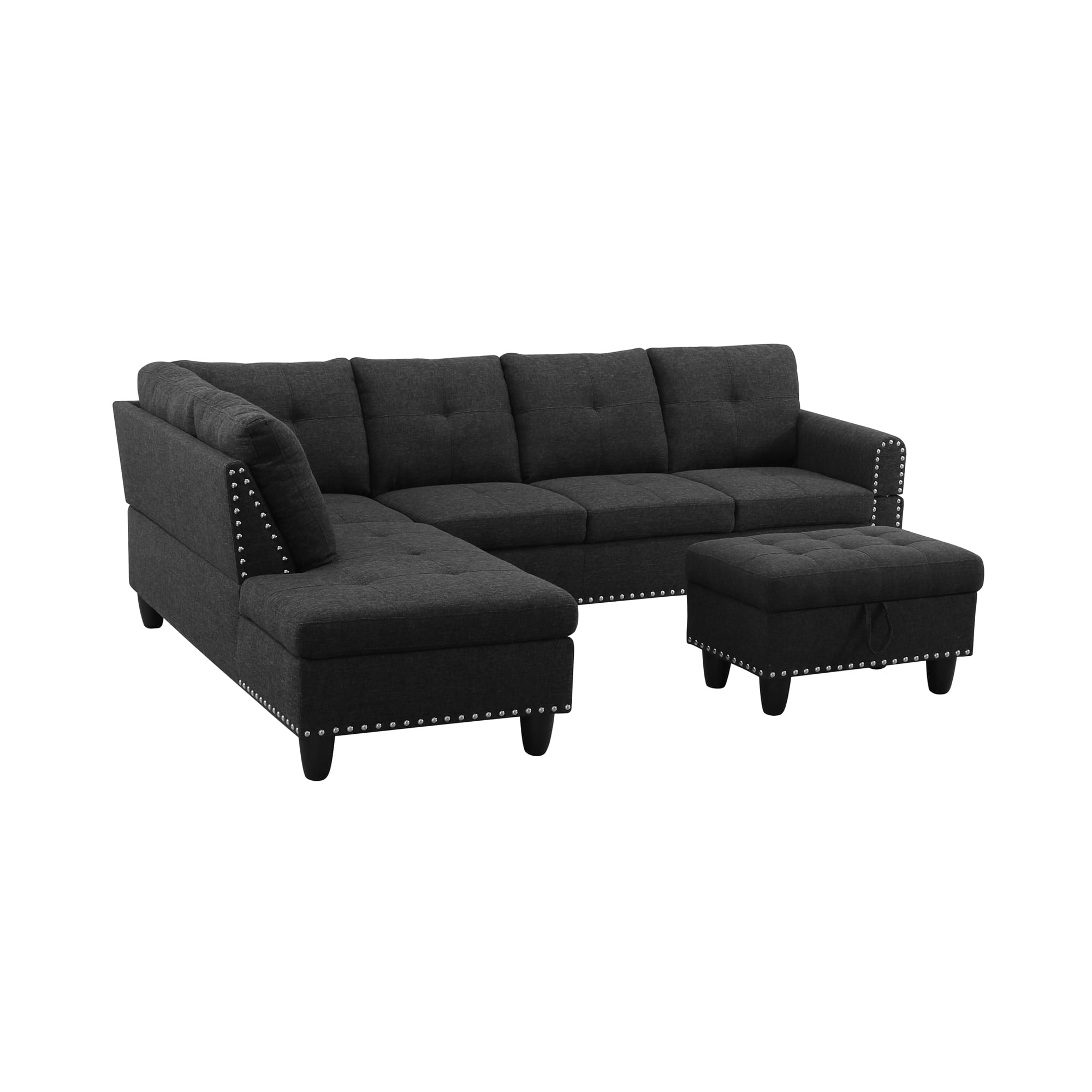 Howcool 98" Sectional Sofa, L-Shaped Couch with Storage Ottoman & Left-Facing Chaise, Linen Fabric Modular Sectional Sofa for Living Room, Apartment & Small Space, Black Gray