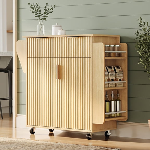 Zimtown Modern Kitchen Cart, Mobile Storage Kitchen Island with Drop Leaf, 2 Drawers and Storage Racks for Kitchen, Dining Room, Wood Finish