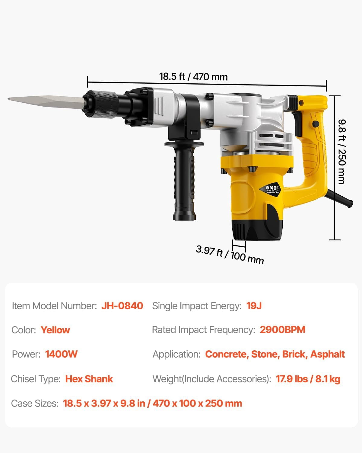Demolition Jack Hammer, MAX 1400W Electric Jackhammer Heavy Duty, 2900 BPM Concrete Breaker 2pcs Chisels Bits Chipping W/Case, Gloves