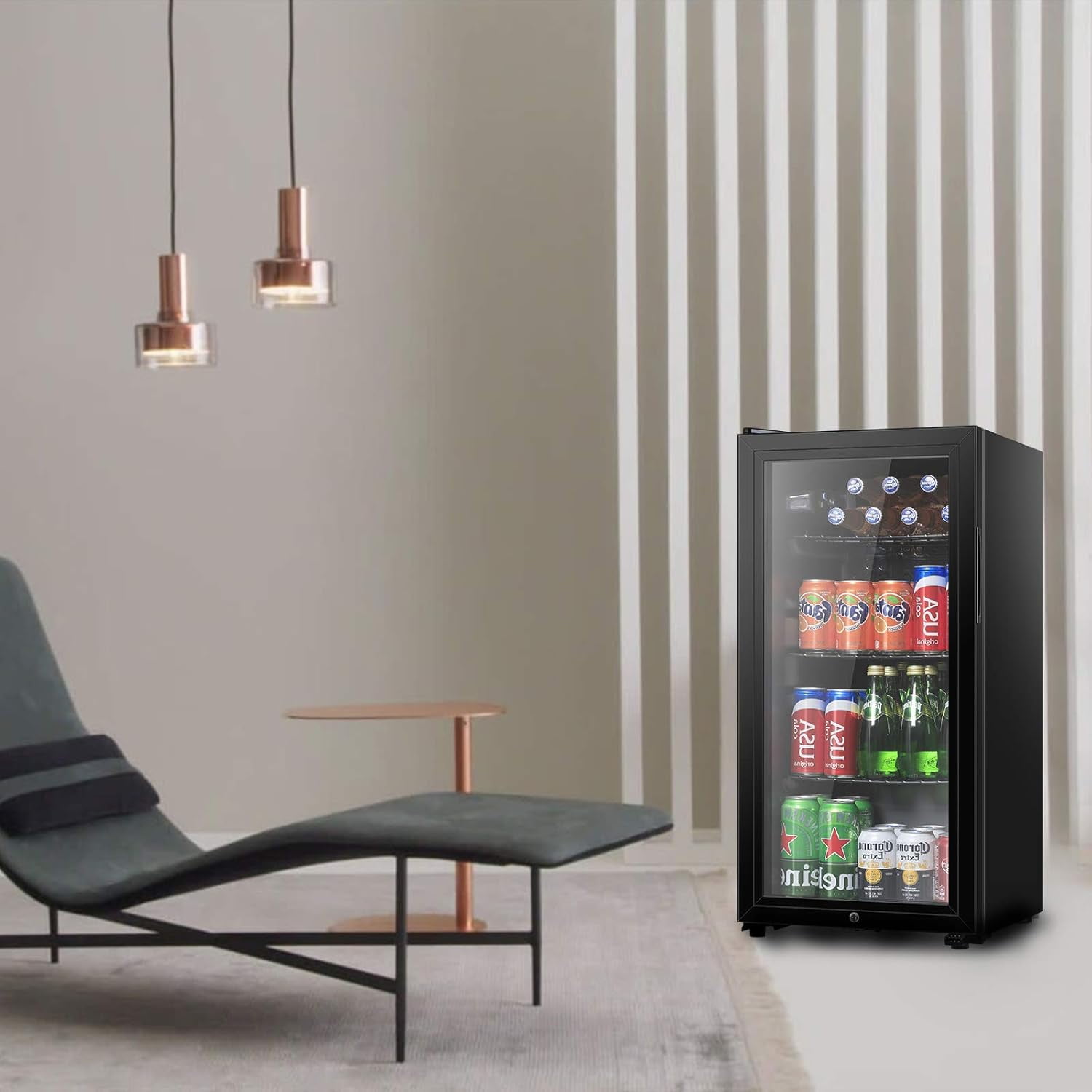 HUMSURE 105-Can Beverage Refrigerator, Glass Door & Shelves, Dorm & Office Cooler, Black