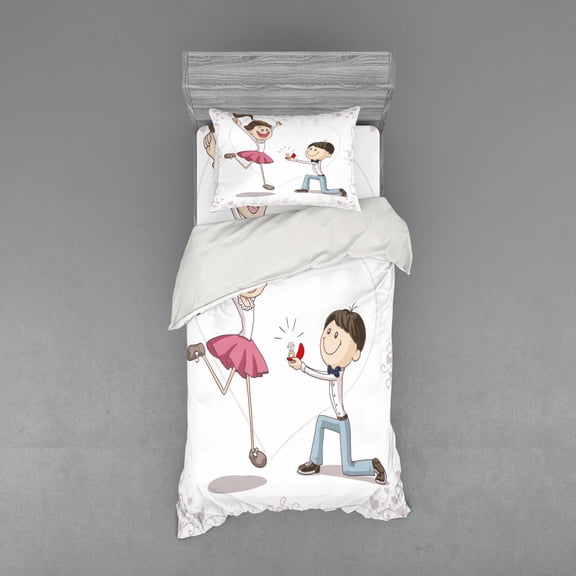Ambesonne Cartoon Bedding Set 3 Pcs, Romantic Couple, Twin, Pink Blue and White
