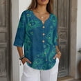 thumbnail image 3 of Xoenoiee Peacock Feathers Print Womens Tops Dressy 3/4 Length Sleeve Henley V Neck Button Down Shirts Pleated Gauze Blouses Plus Size, XL, 3 of 7