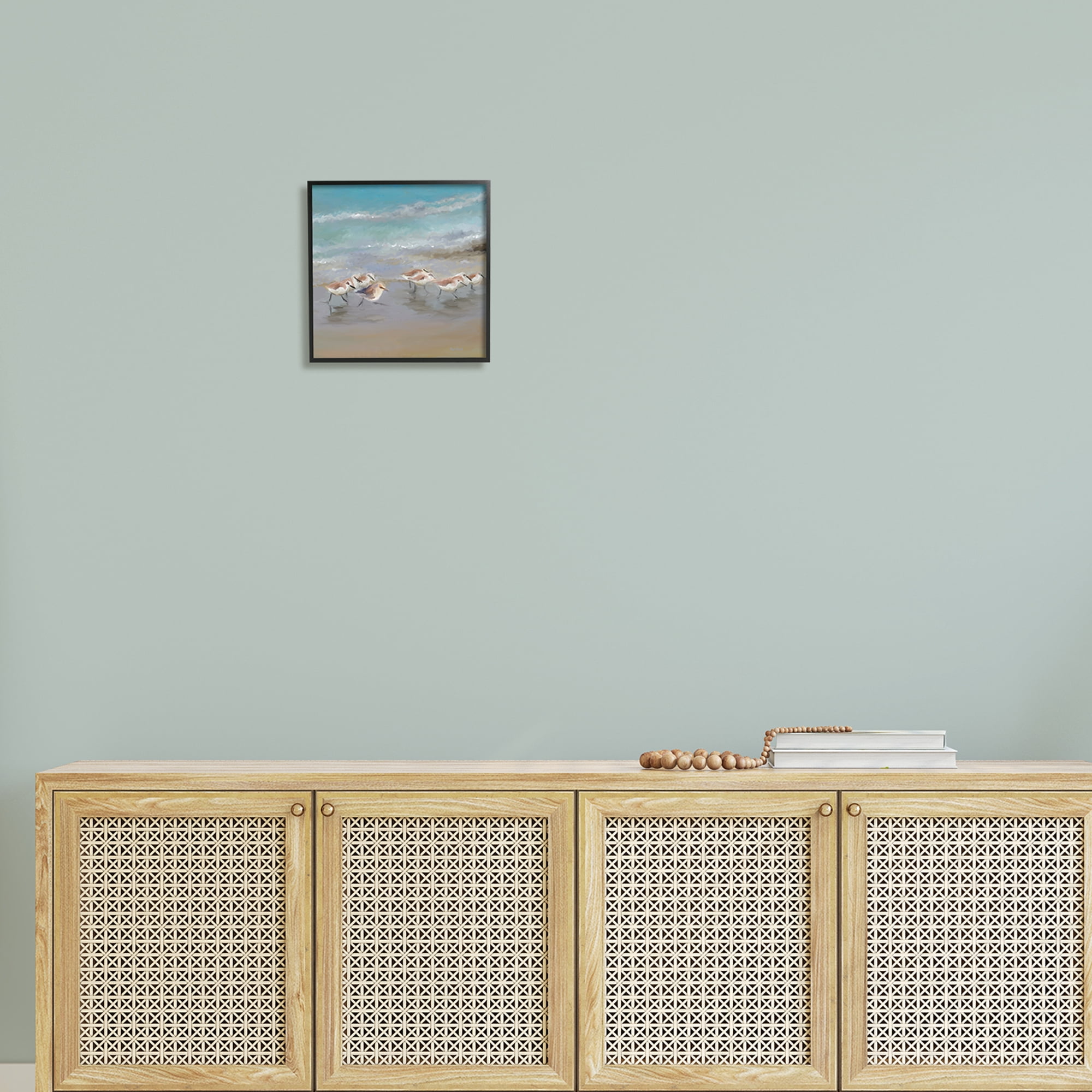 Stupell Coastal Sandpipers Beach Waves Shore Landscape Painting Black Framed Art Print Wall Art