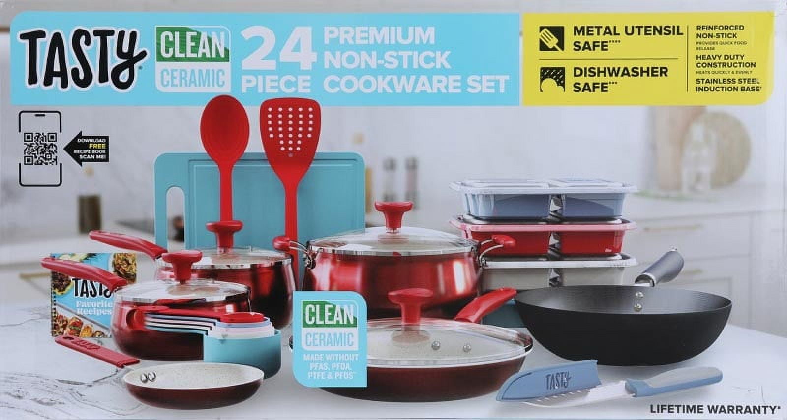 Tasty Clean Ceramic 24 Piece Non-Stick Aluminum Cookware Set, Red