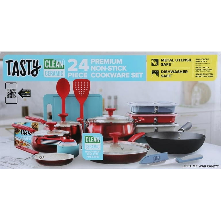 Tasty 24 Piece Titanium Ceramic Non-Stick Cookware Set, Dishwasher Safe, Red  