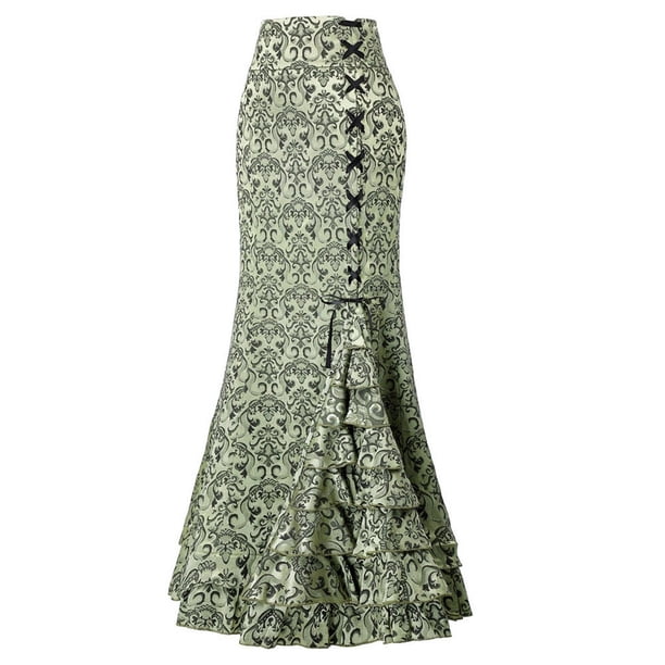 Falda larga vintage con cola de pez para mujer - Diseño retro ajustado con volantes, material de poliéster, talla única S