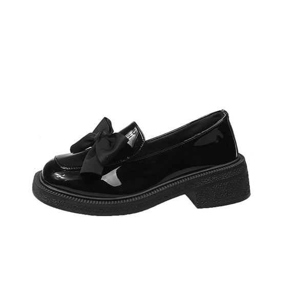 Womens Patent Faux Leather Platform Loafers Chunky Bow Square Toe Slip On Comfortable School Shoes for Casual Preppy Look Black,Size 7