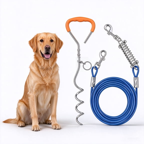 Dog Tie Out Cable and Stake, 30ft Leash Chain Lead with Swivel Hook and Shock Spring for Yard Outside Camping, 16 inch Heavy Duty Spiral Ground Stake for Medium Large Dogs Up to 125 Lbs