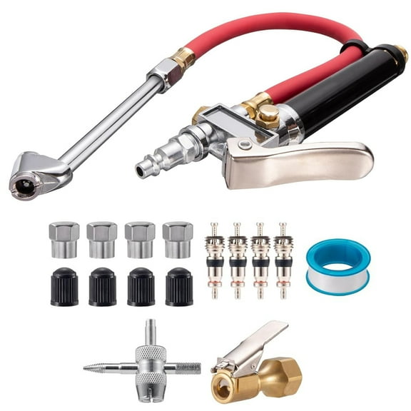 Rongsi 10-120 PSI Heavy Duty Tire Pressure Gauge with Inflator Air Chuck with Pressure Gauge with 4 Way Tool and Valve Cores,Tire gauges for tire pressure for Car Automotive Truck