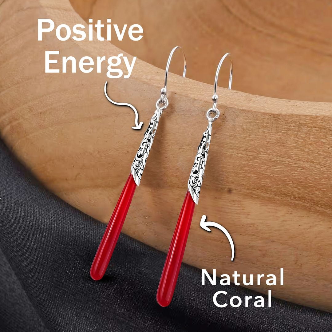 Red Coral Dangle Earrings for Women in 925 Sterling Silver - Drop Unique Earrings Handmade Birthstone Vintage Boho Western Jewelry Birthday Christmas Gifts