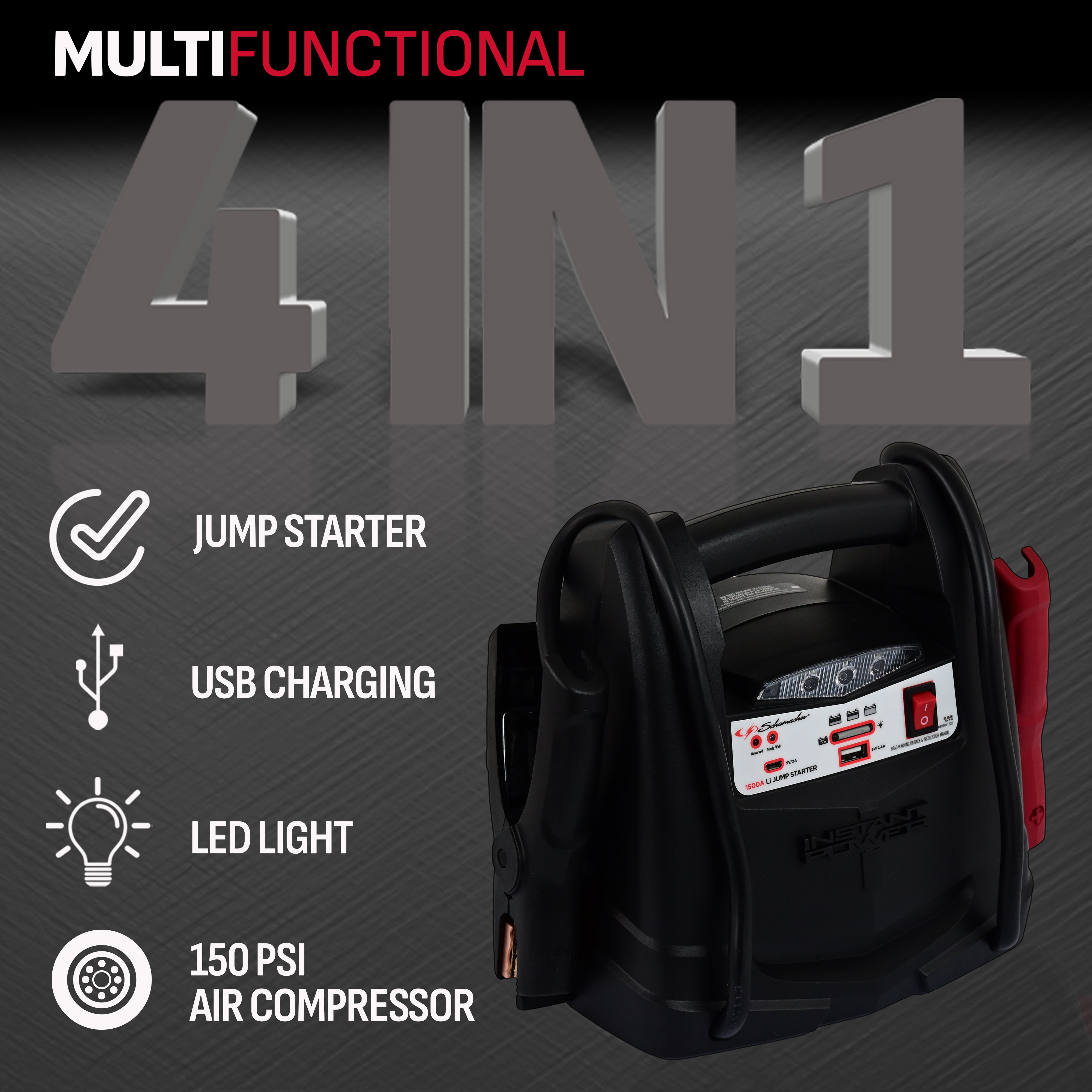 Schumacher Electric 1500A Lithium Car Battery Jump Starter and Power Station, 150-PSI Air Compressor, 12V Sport, Auto, and Marine Batteries, SL1519