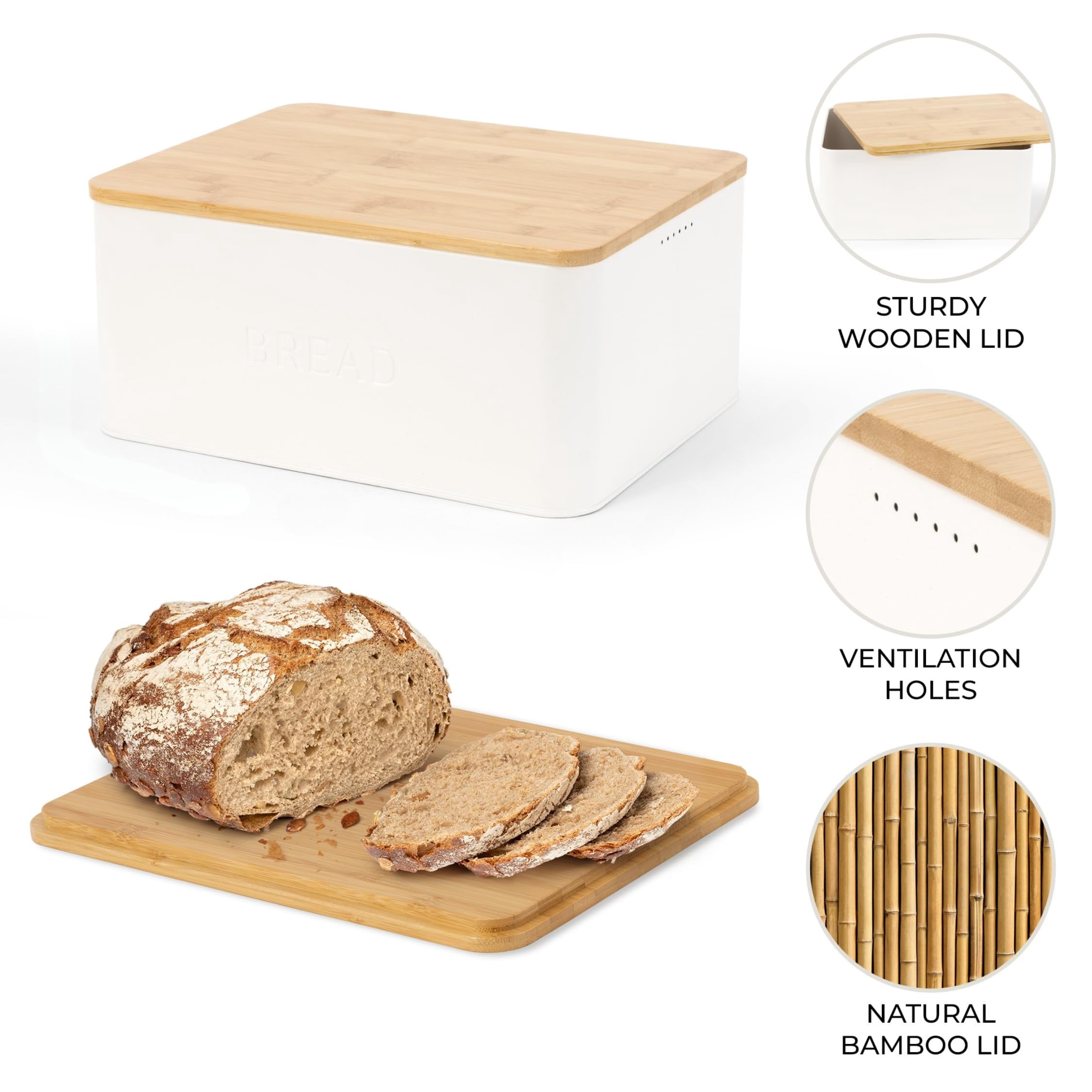 Stylish Bread Box with Wooden Lid for Kitchen Countertop, Spacious Storage Container for Homemade Bread Muffins Bagels, Premium Cutting Board Lid Keeps Bread Fresh