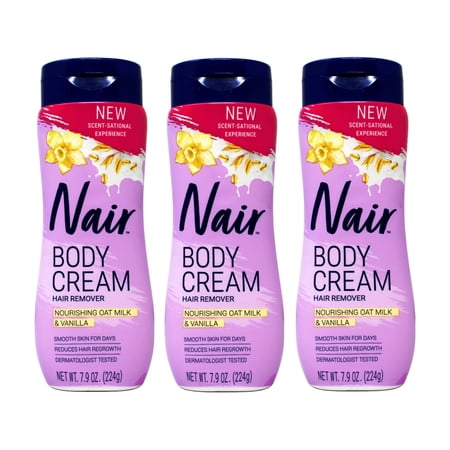 Nair Body Cream Hair Remover, Nourishing Oat Milk & Vanilla, Legs, Arms & Bikini Area, Dermatologist Tested, 7.9 oz (Pack of 3)