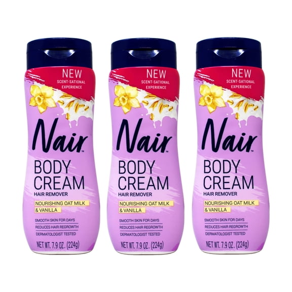 Nair Body Cream Hair Remover, Nourishing Oat Milk & Vanilla, Legs, Arms & Bikini Area, Dermatologist Tested, 7.9 oz (Pack of 3)
